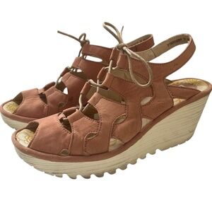 Fly London Shoes Sandals Sz 39 US 8 - 8.5 Ankle Strap Wedge Peep Toe Lace Pink